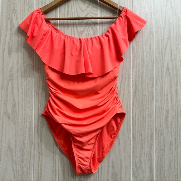 La Blanca Island Goddess Off Shoulder Ruffle One Piece - Hot Coral Swim Suit 10 - Picture 6 of 13